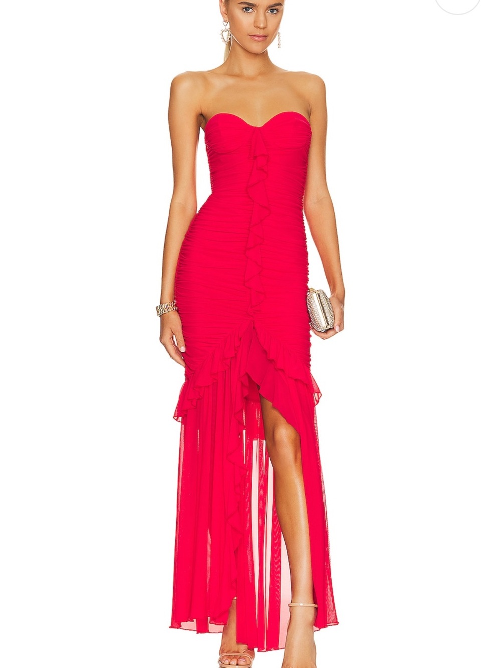 MAJORELLE Strapless Ruffle High-Low Dress in Bright Red